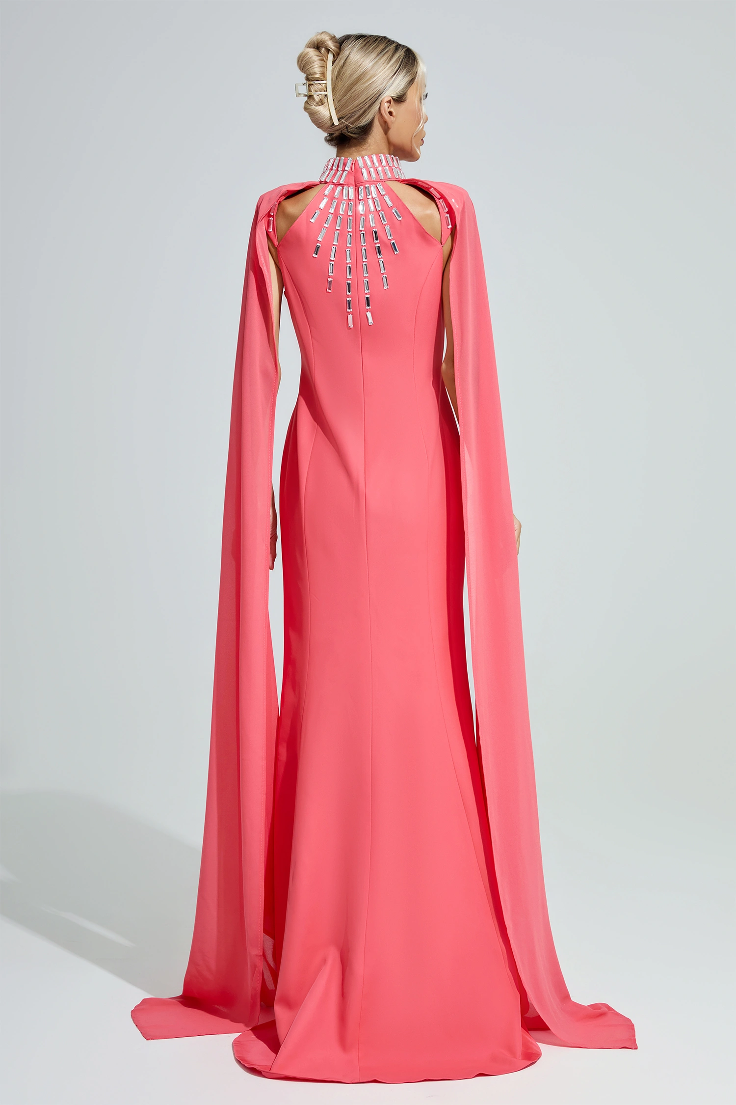 Diotima Red Beaded Cape Sleeve Evening Gown