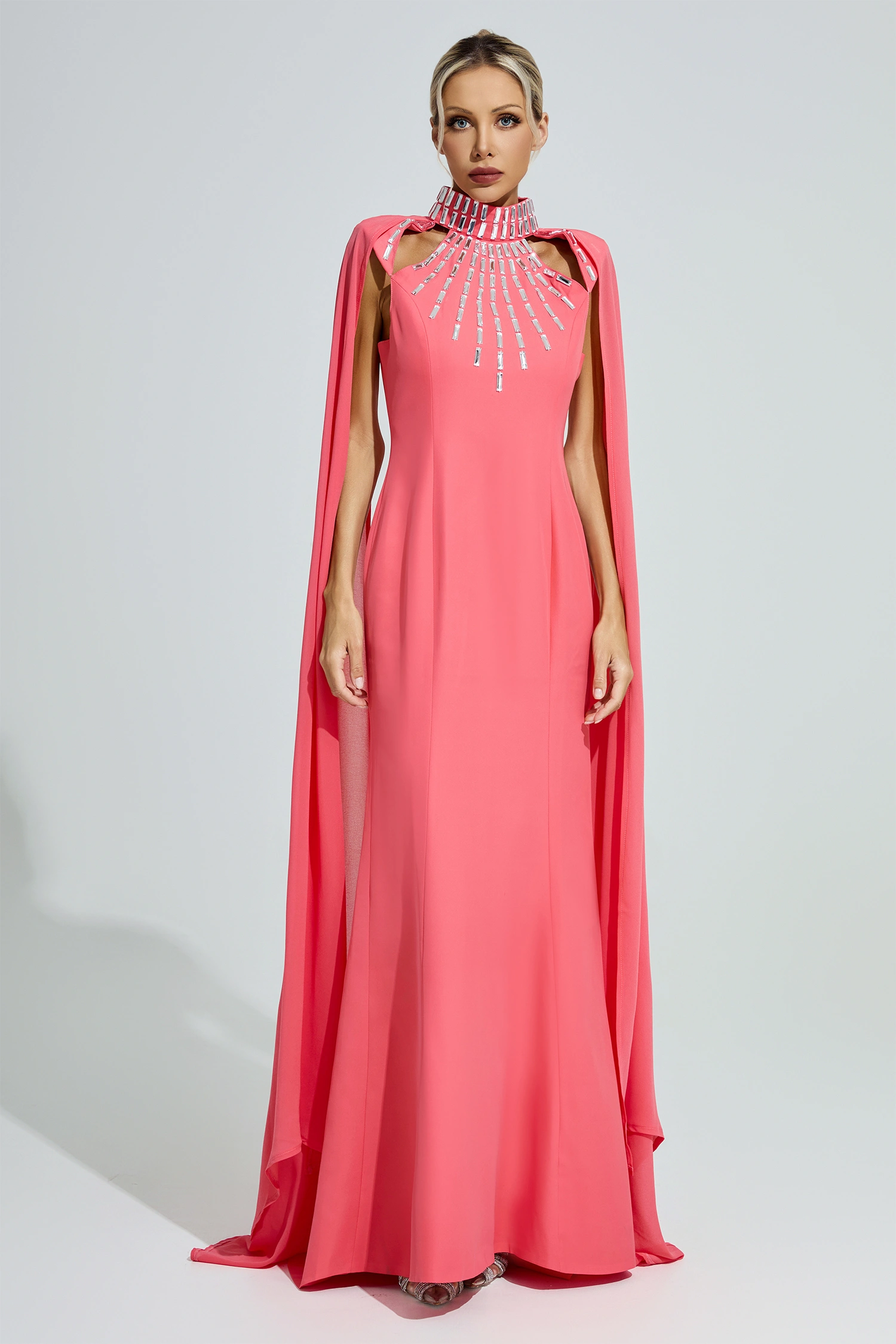 Diotima Red Beaded Cape Sleeve Evening Gown
