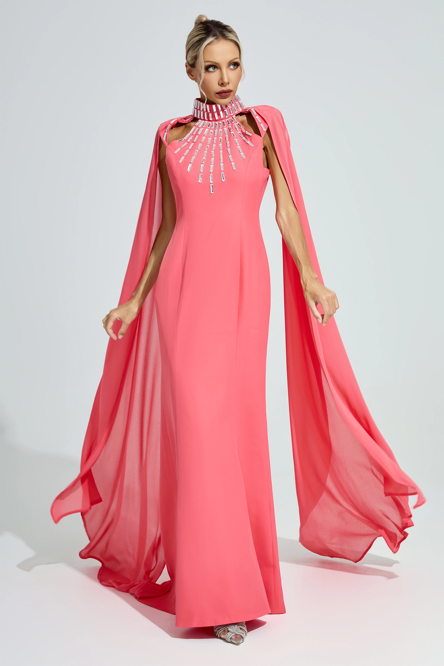 Diotima Red Beaded Cape Sleeve Evening Gown