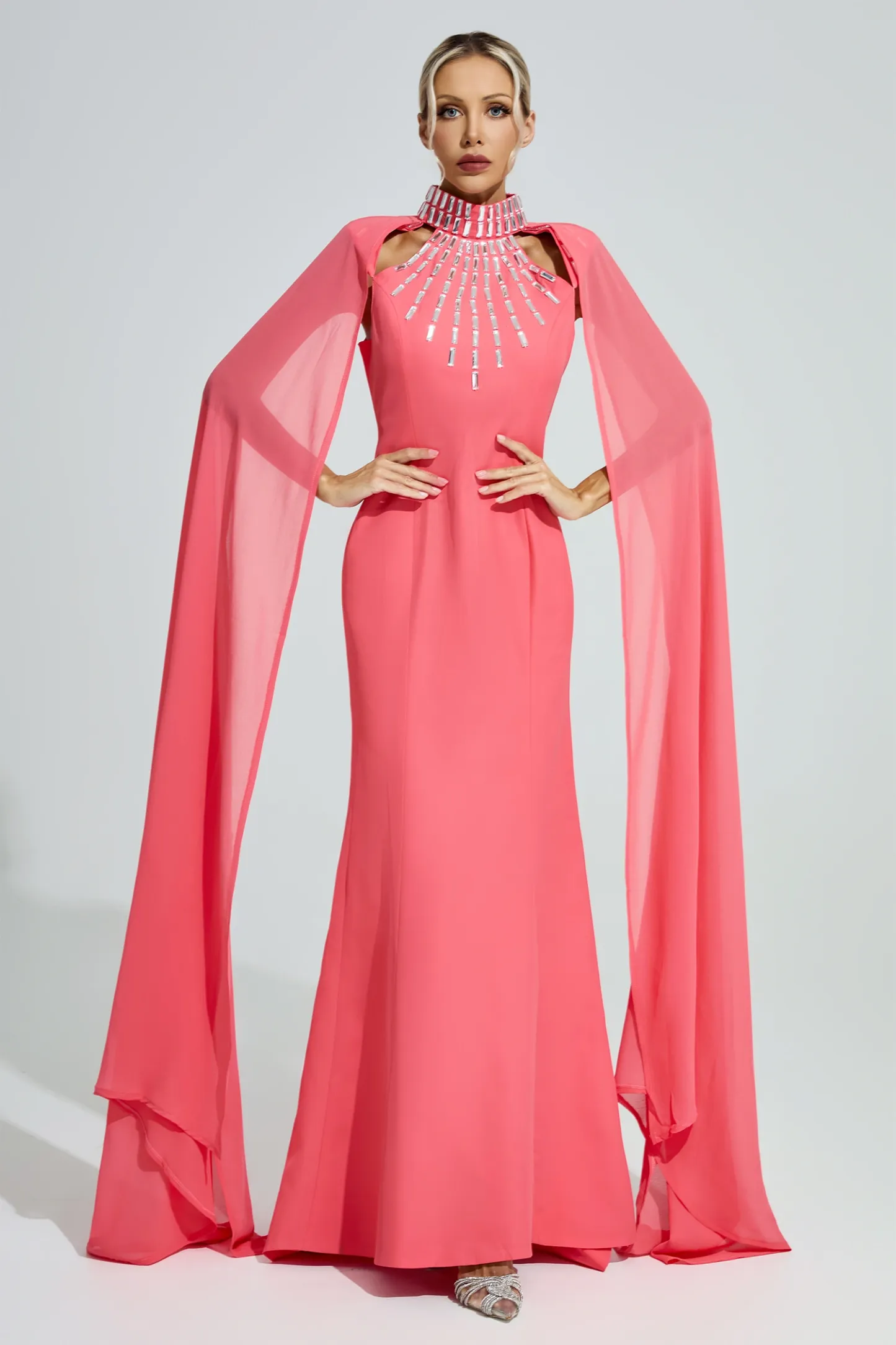 Diotima Red Beaded Cape Sleeve Evening Gown