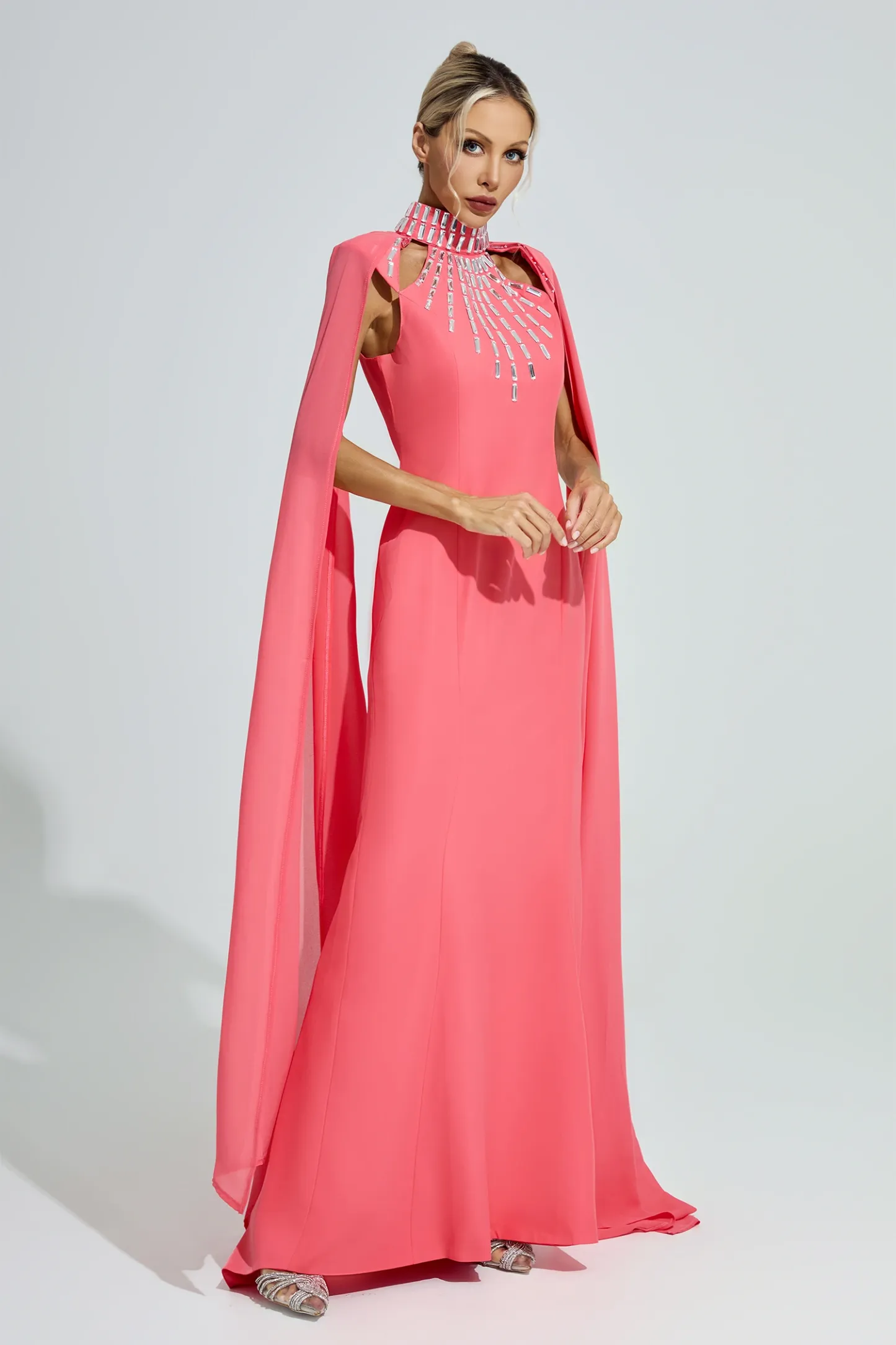 Diotima Red Beaded Cape Sleeve Evening Gown