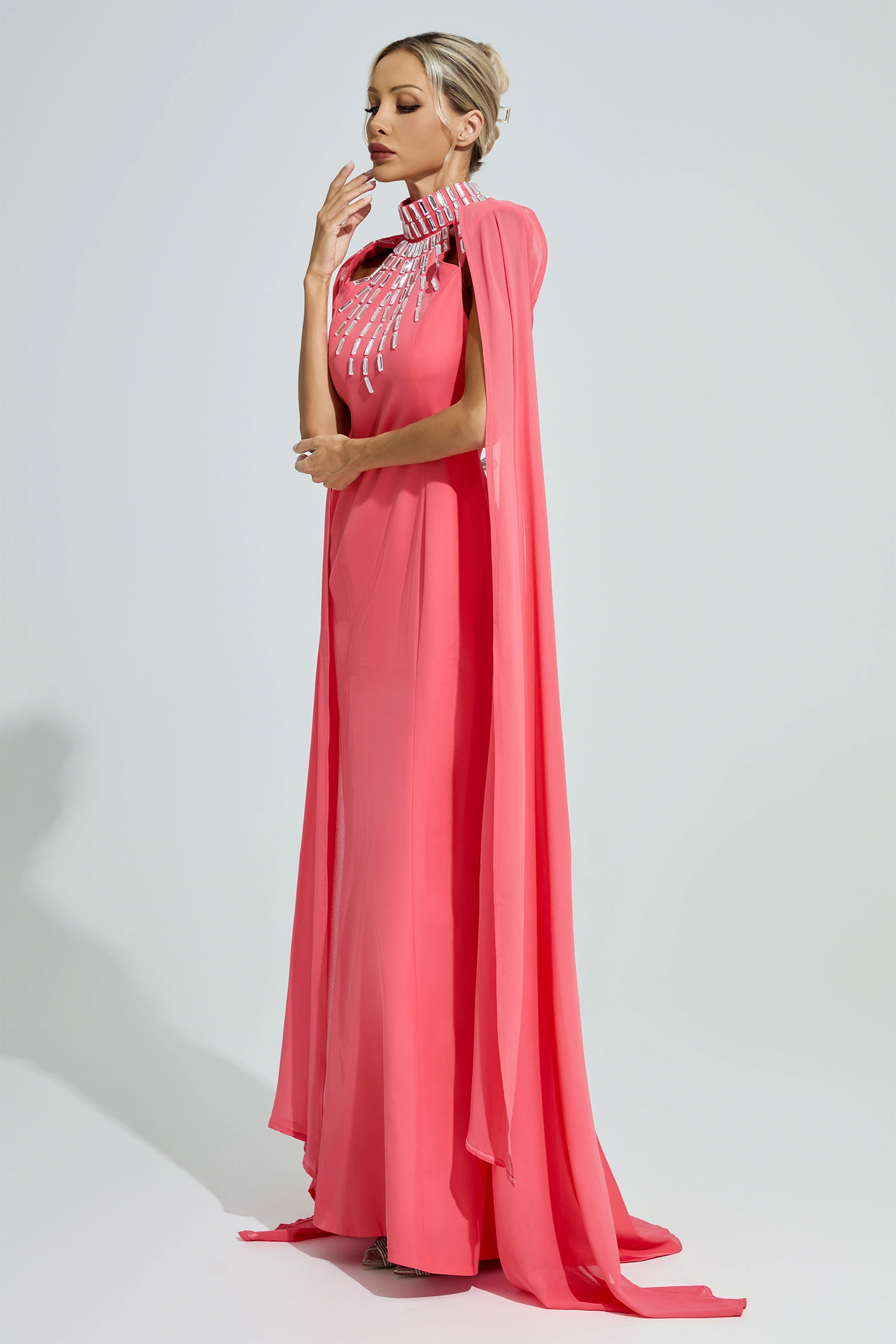 Diotima Red Beaded Cape Sleeve Evening Gown