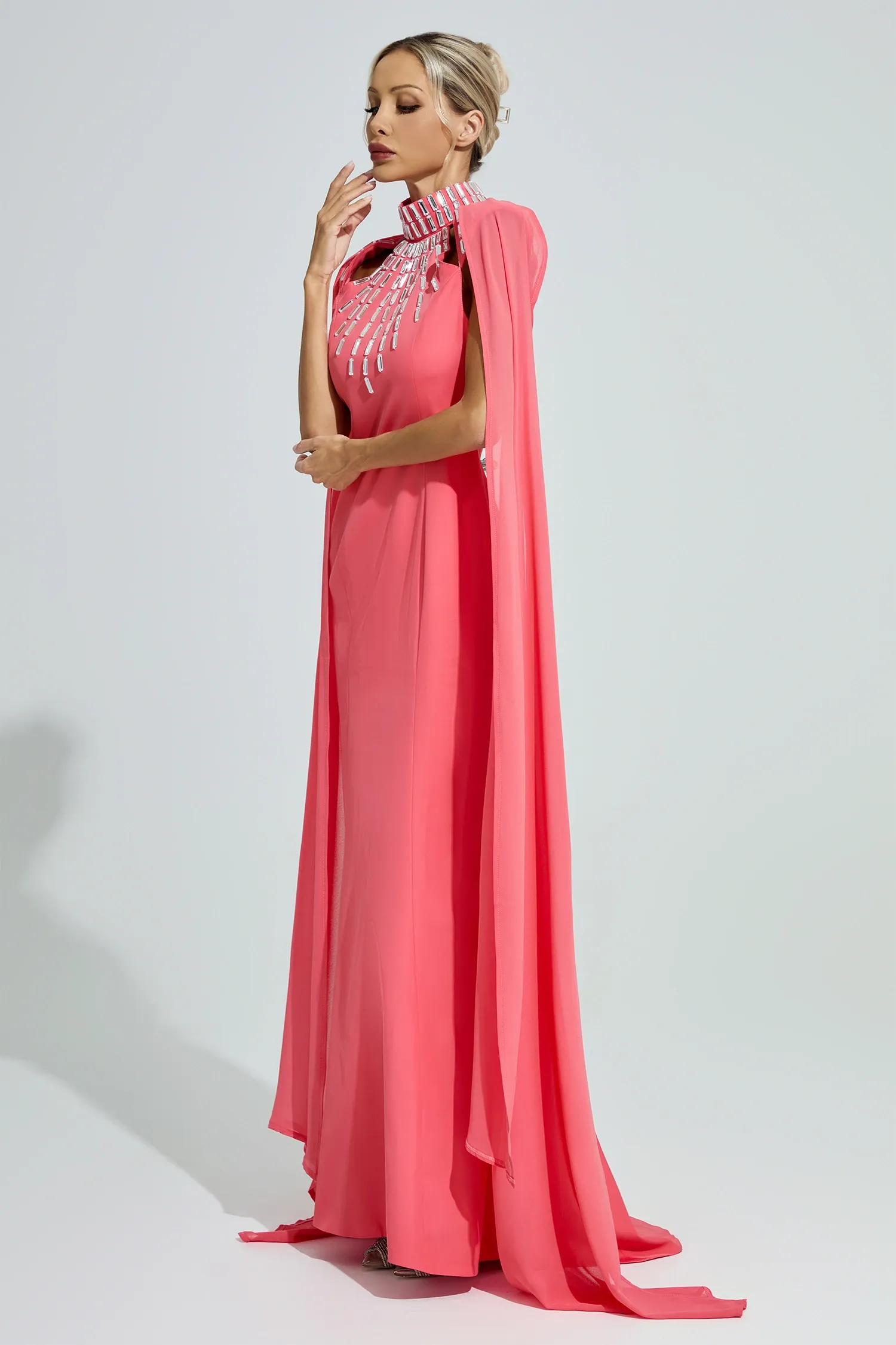 Diotima Red Beaded Cape Sleeve Evening Gown