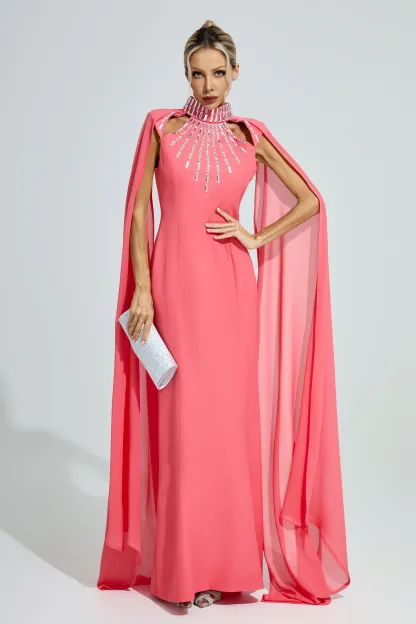 Diotima Red Beaded Cape Sleeve Evening Gown