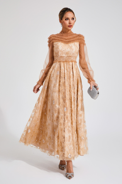 Bard Orange Lace Sequins Maxi Dress