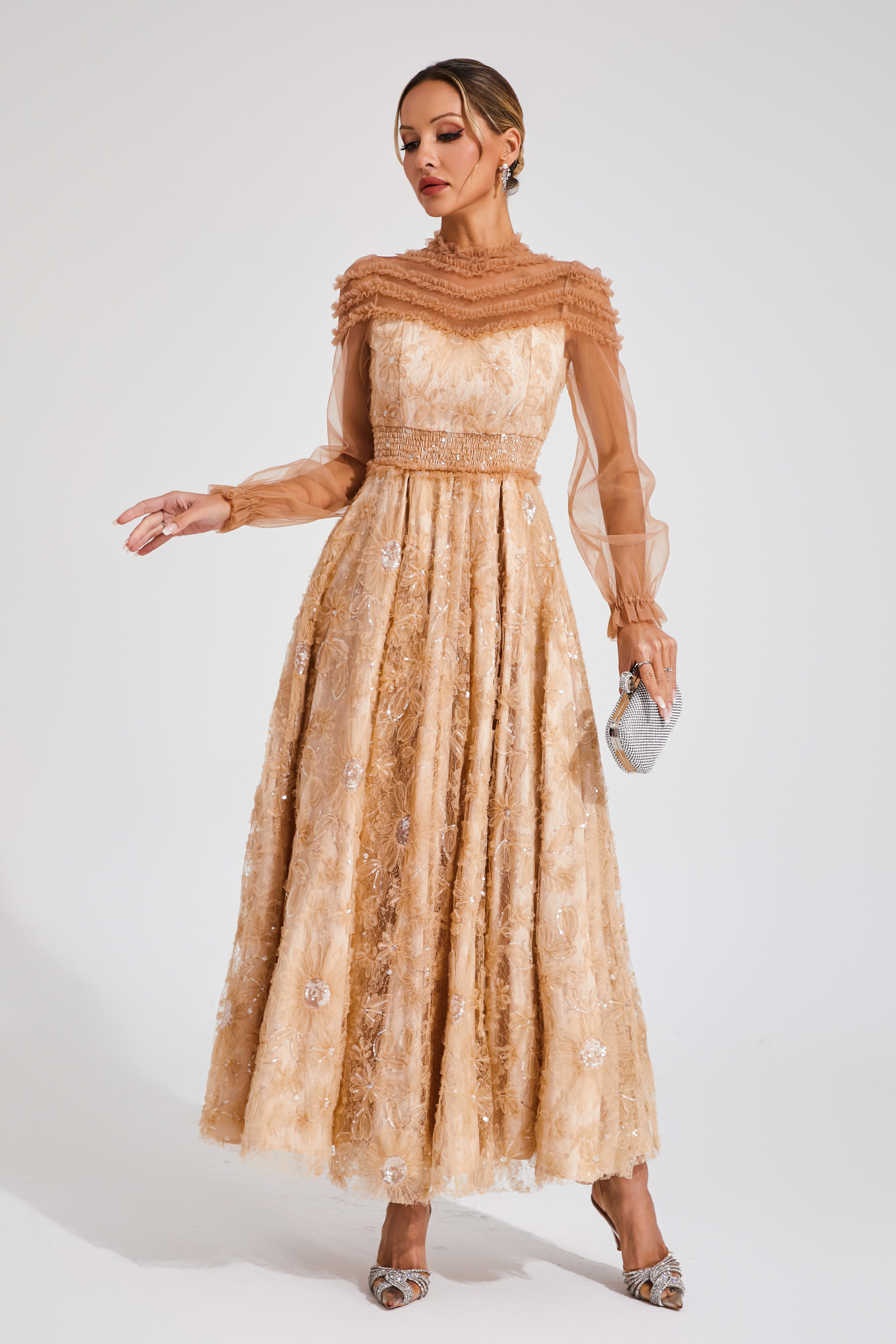 Bard Orange Lace Sequins Maxi Dress