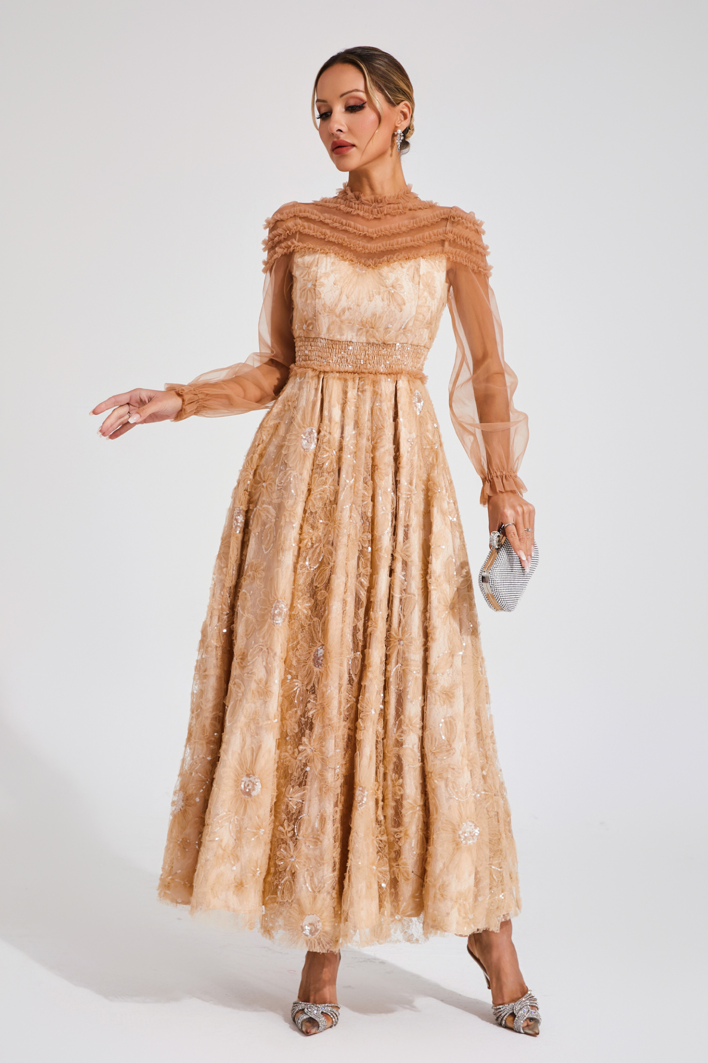 Bard Orange Lace Sequins Maxi Dress