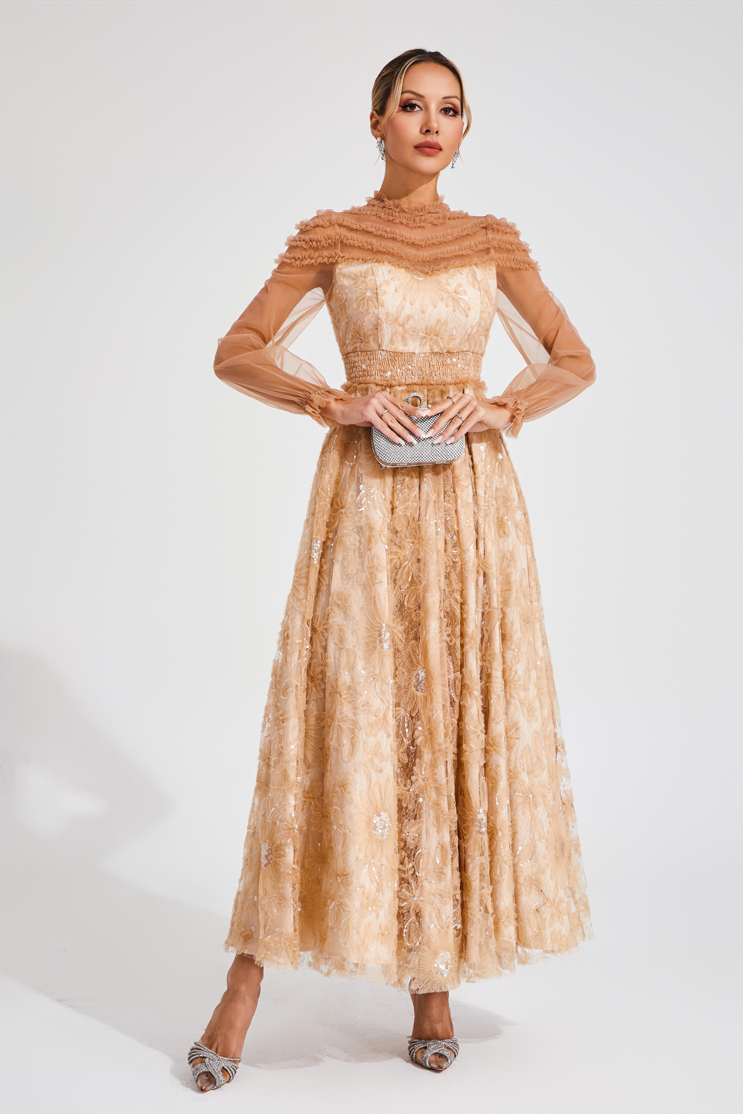 Bard Orange Lace Sequins Maxi Dress