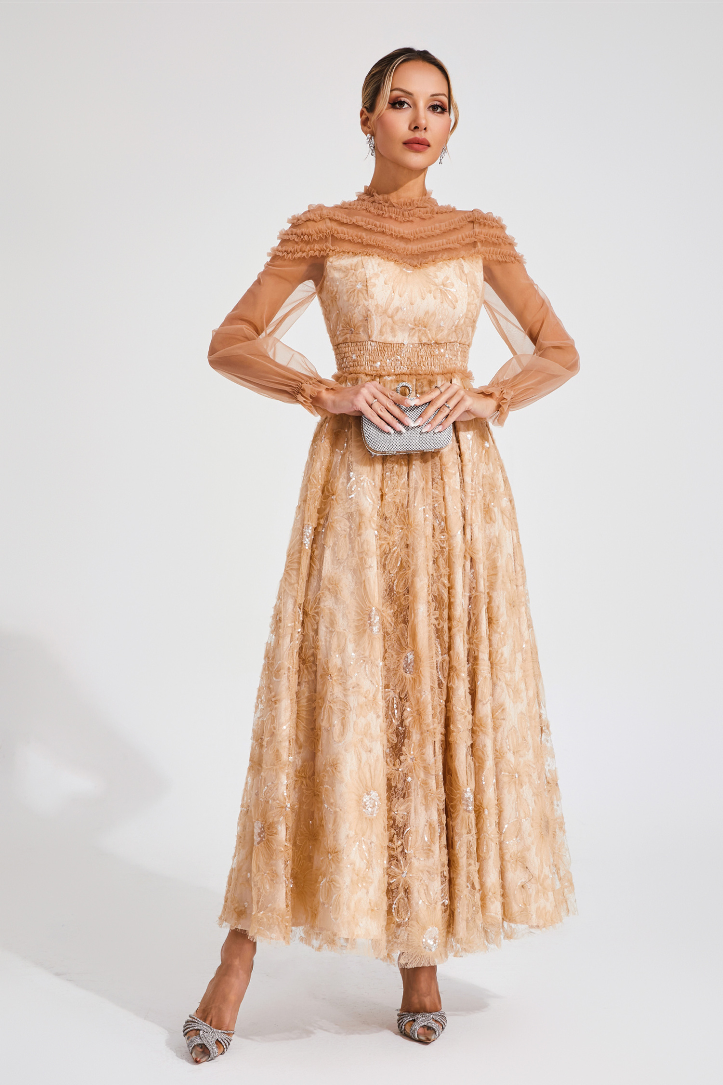 Bard Orange Lace Sequins Maxi Dress