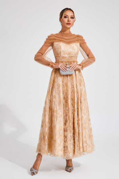 Bard Orange Lace Sequins Maxi Dress