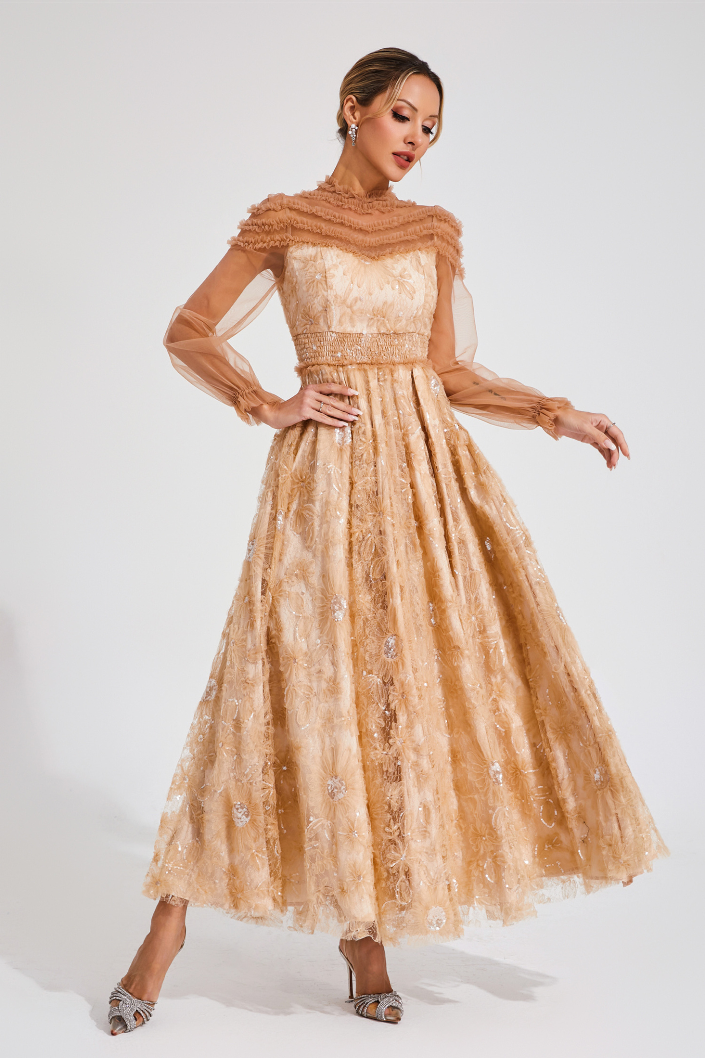 Bard Orange Lace Sequins Maxi Dress