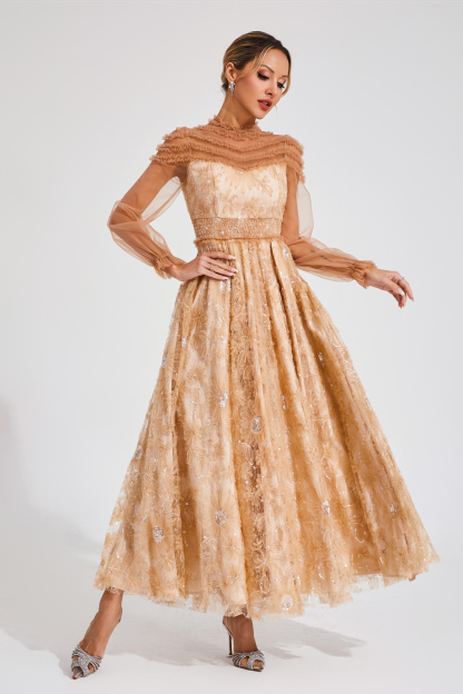 Bard Orange Lace Sequins Maxi Dress