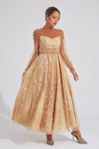 Bard Orange Lace Sequins Maxi Dress