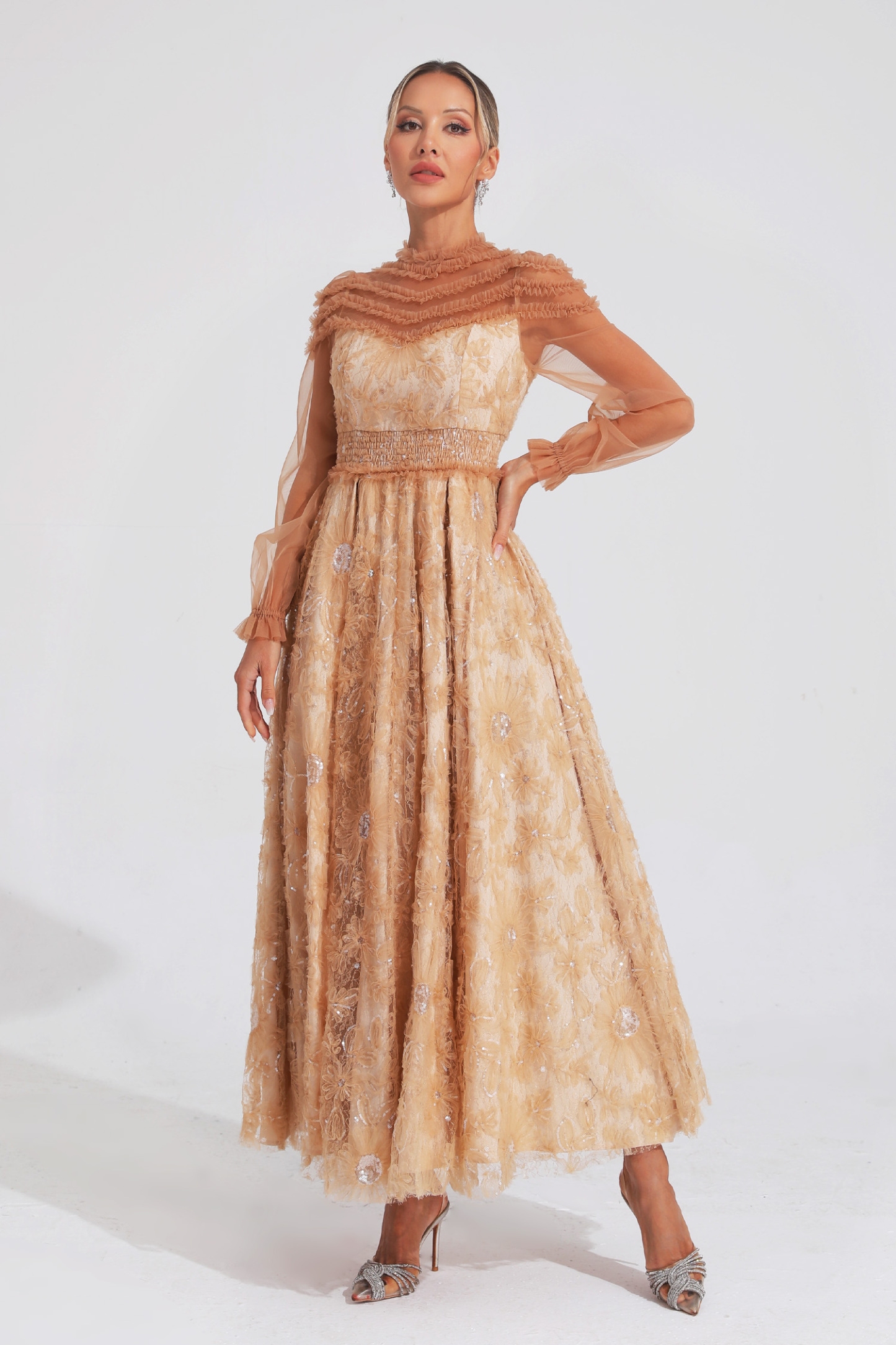 Bard Orange Lace Sequins Maxi Dress