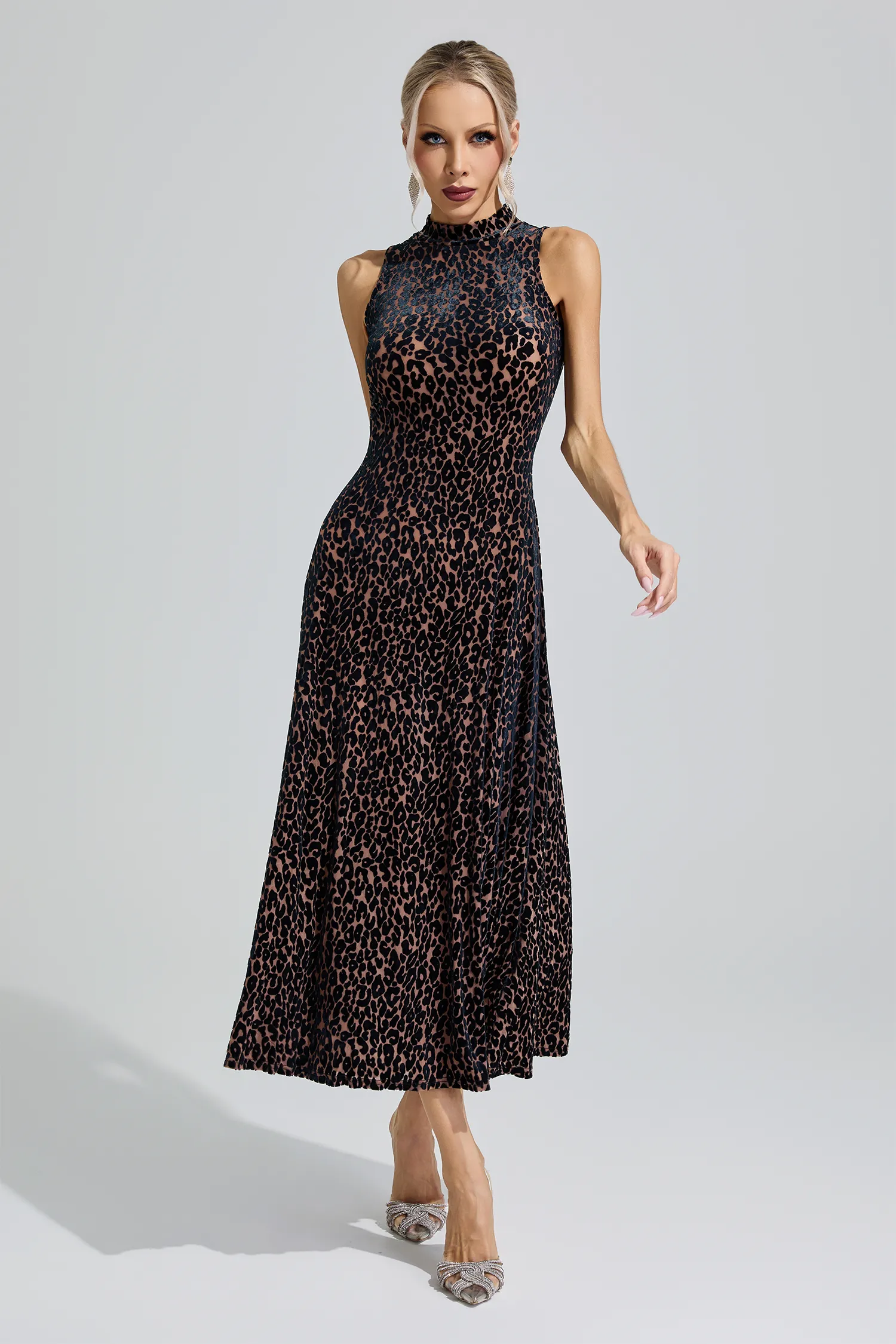 Chloris Black Leopard Print Sleeveless Dress