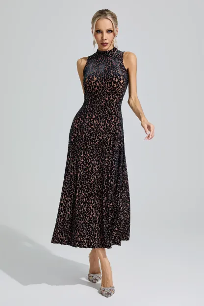 Chloris Black Leopard Print Sleeveless Dress