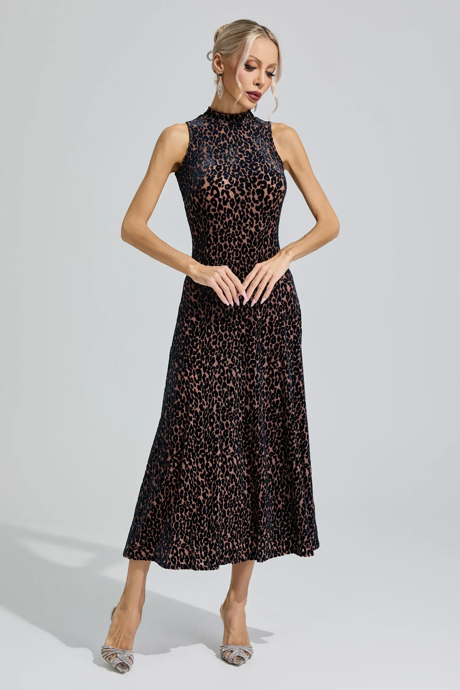 Chloris Black Leopard Print Sleeveless Dress