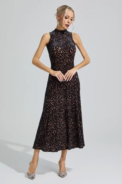 Chloris Black Leopard Print Sleeveless Dress