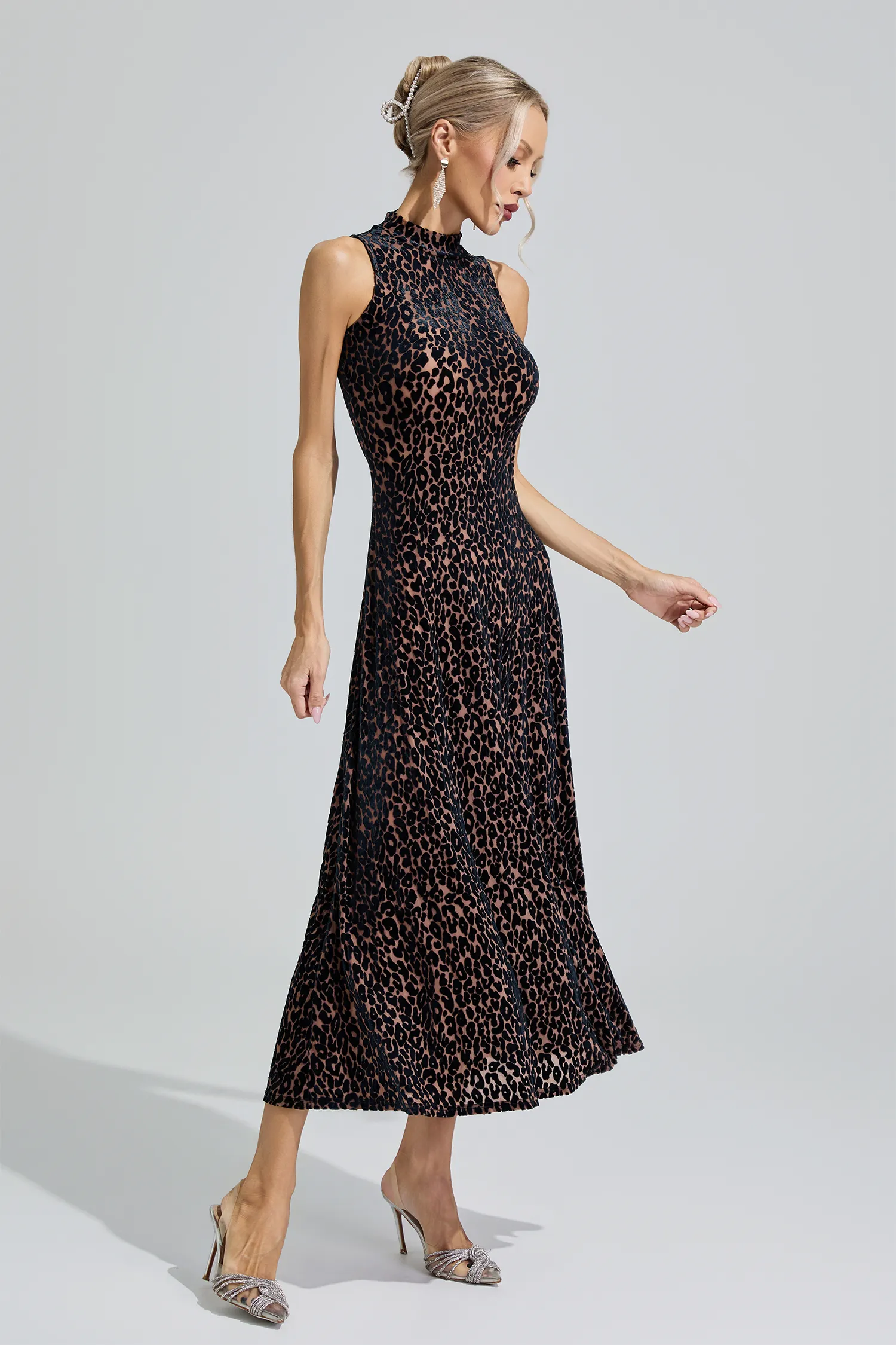 Chloris Black Leopard Print Sleeveless Dress