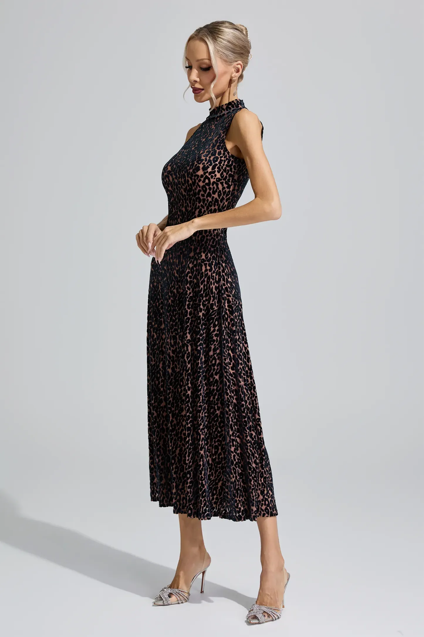 Chloris Black Leopard Print Sleeveless Dress