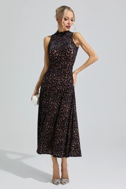 Chloris Black Leopard Print Sleeveless Dress
