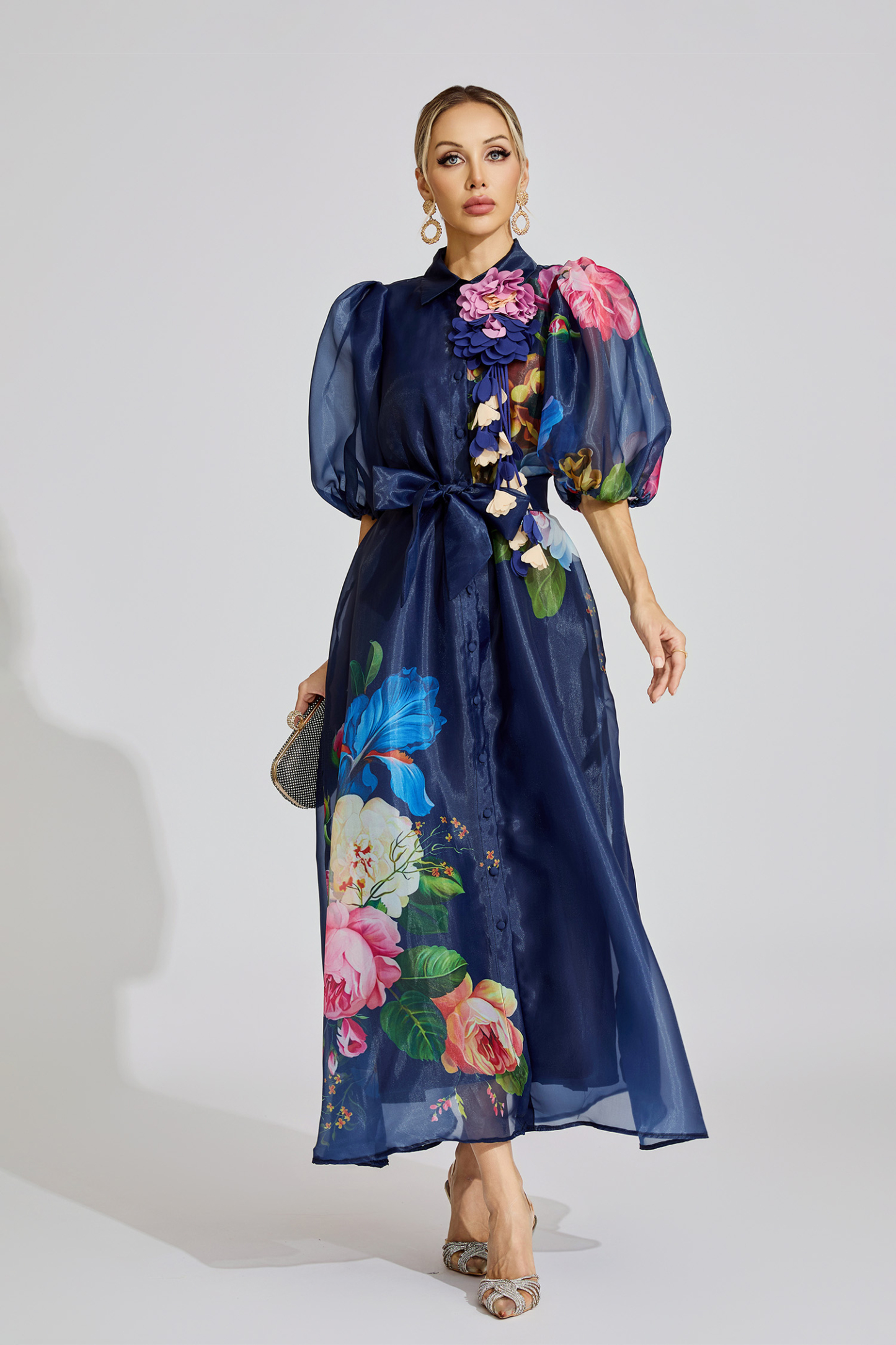  Lane Blue French 3D Floral Maxi Dress