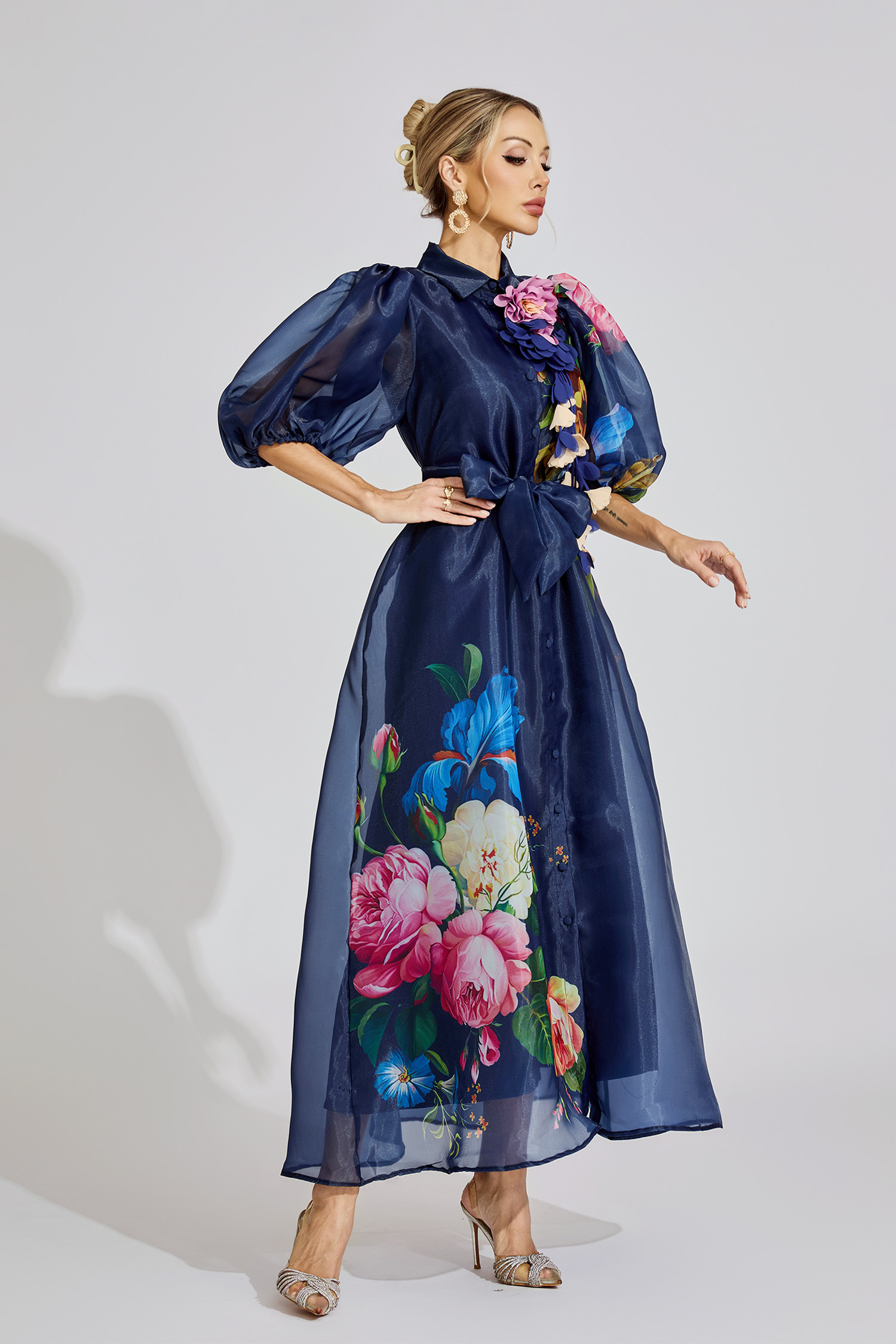  Lane Blue French 3D Floral Maxi Dress