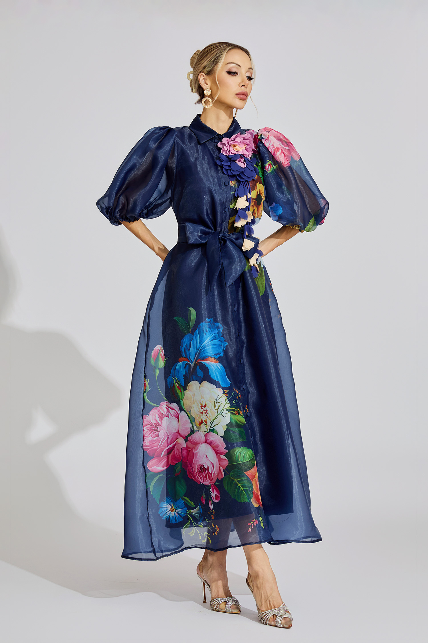  Lane Blue French 3D Floral Maxi Dress