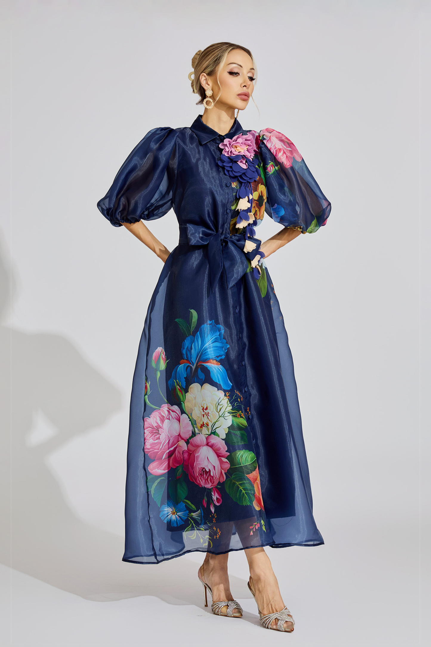  Lane Blue French 3D Floral Maxi Dress