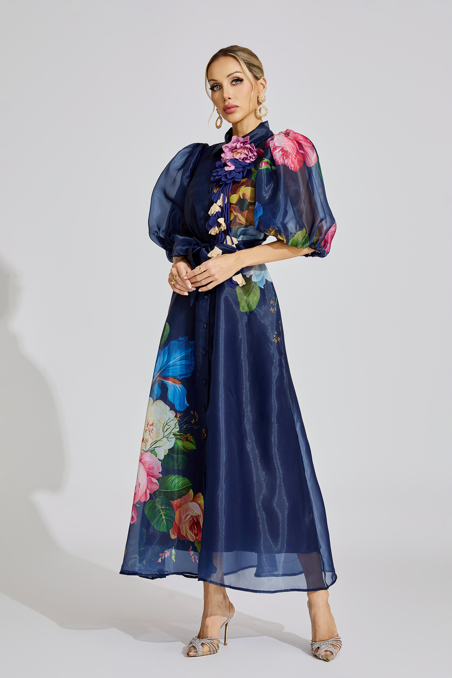  Lane Blue French 3D Floral Maxi Dress
