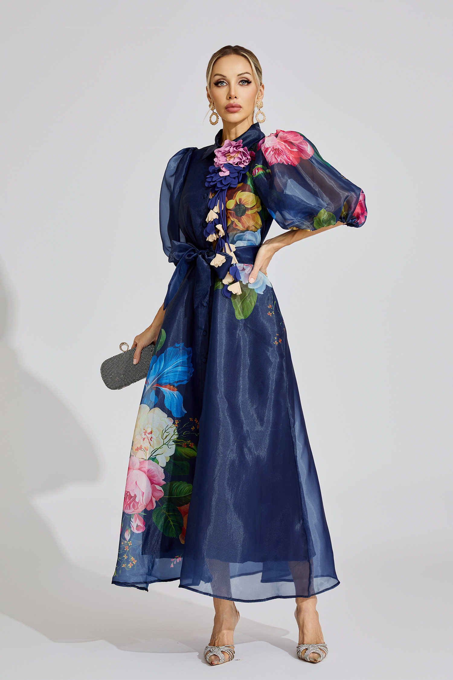  Lane Blue French 3D Floral Maxi Dress