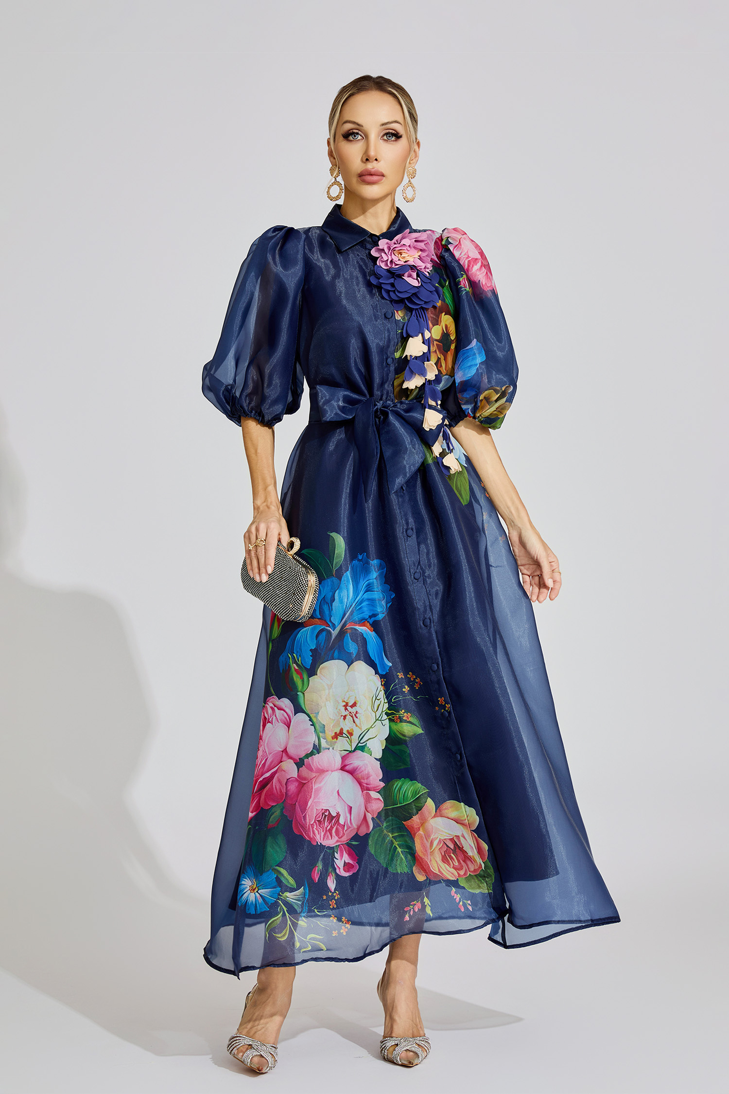  Lane Blue French 3D Floral Maxi Dress