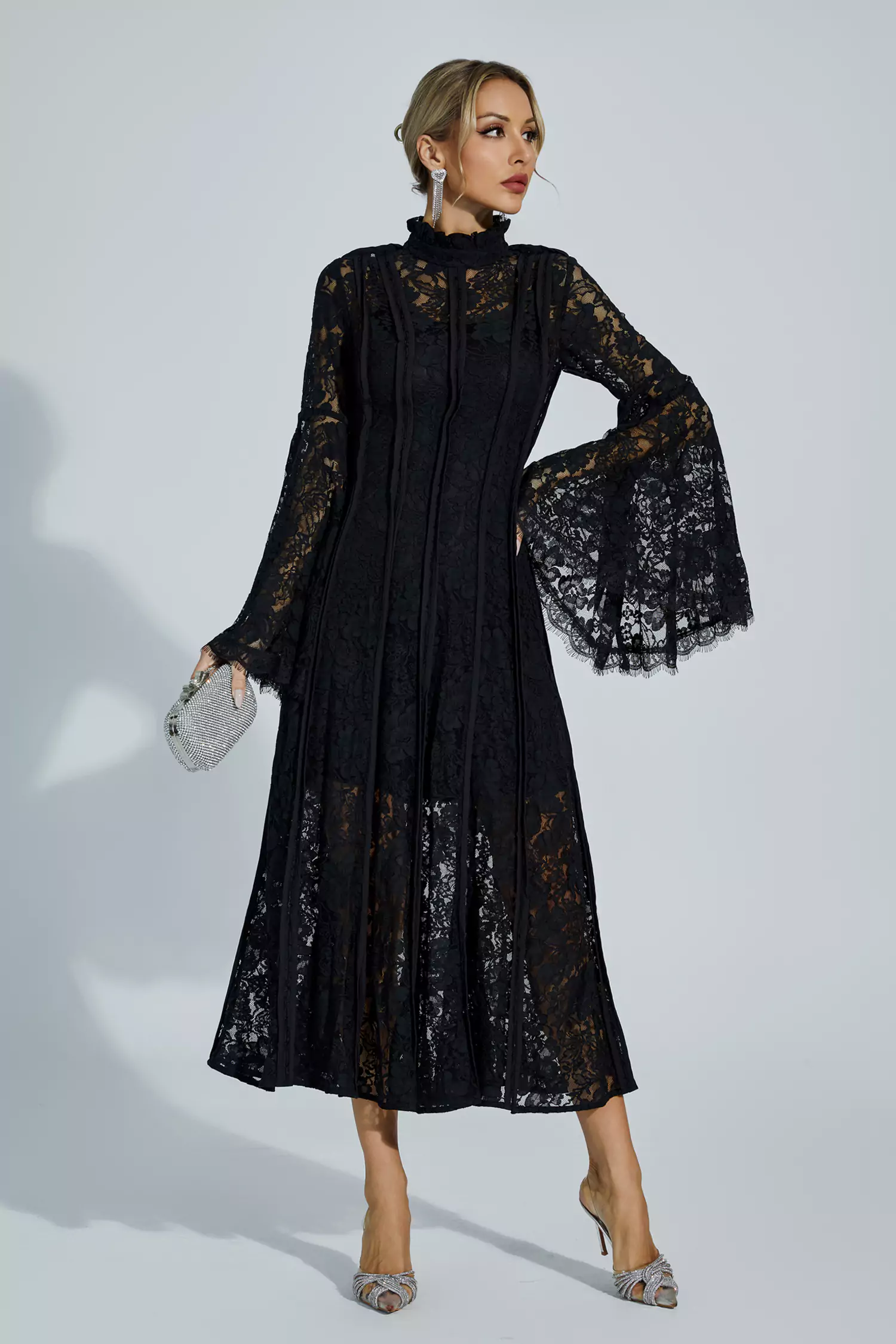Jenkin Black Hollow Embroidery Midi Dress