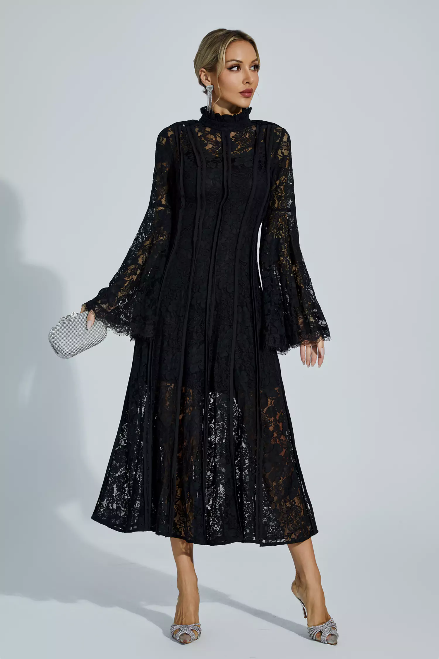 Jenkin Black Hollow Embroidery Midi Dress