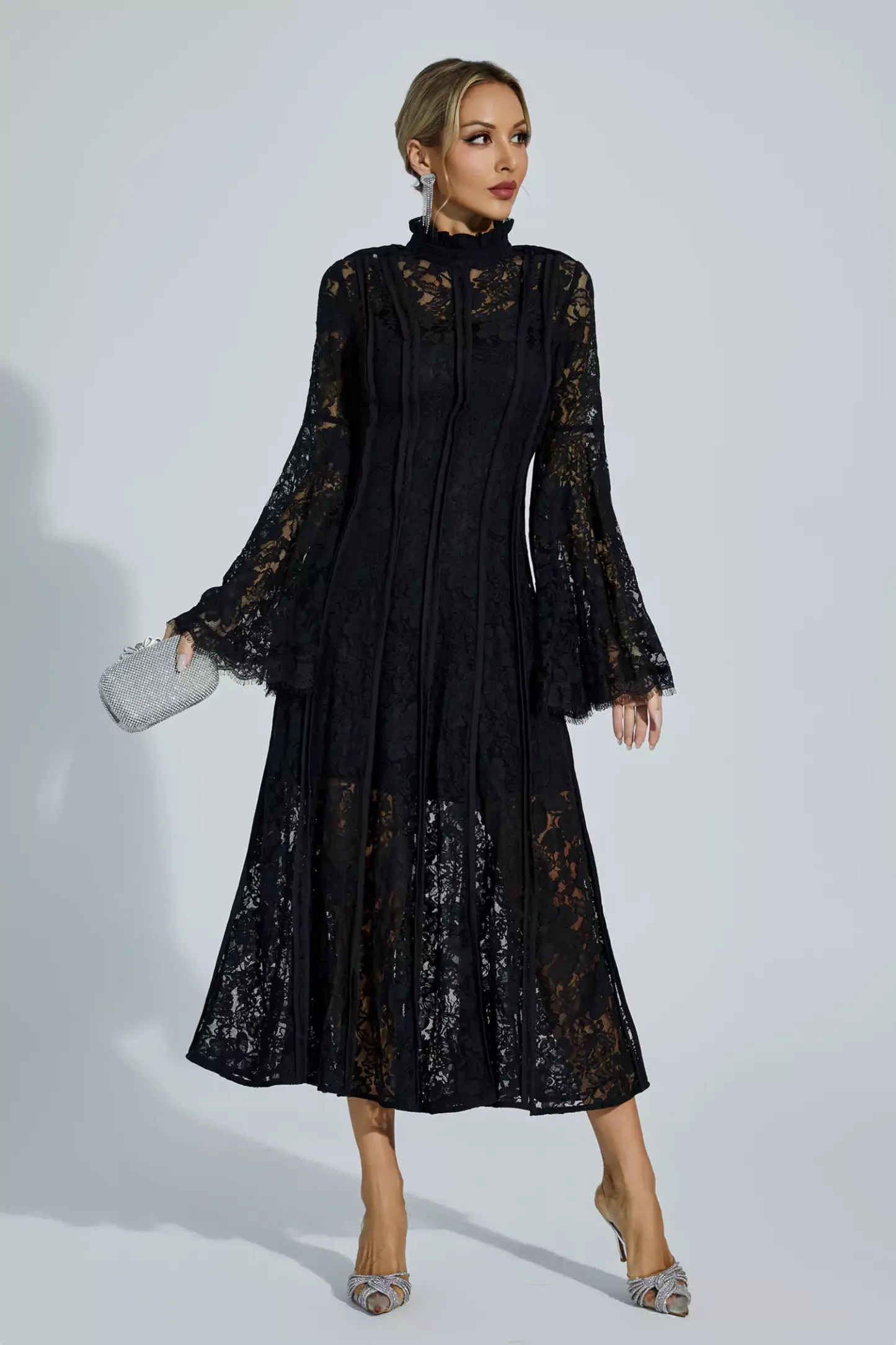 Jenkin Black Hollow Embroidery Midi Dress