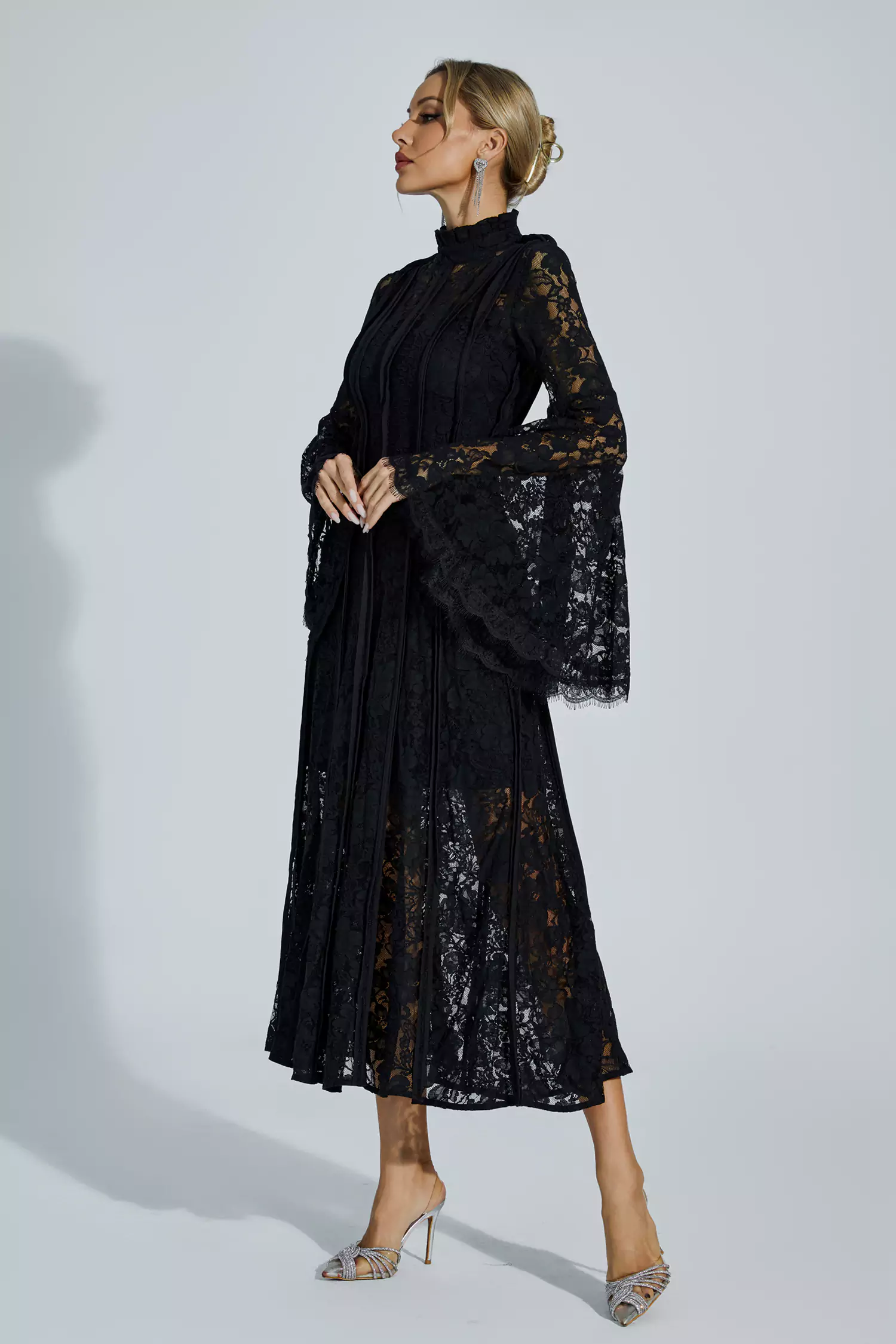 Jenkin Black Hollow Embroidery Midi Dress
