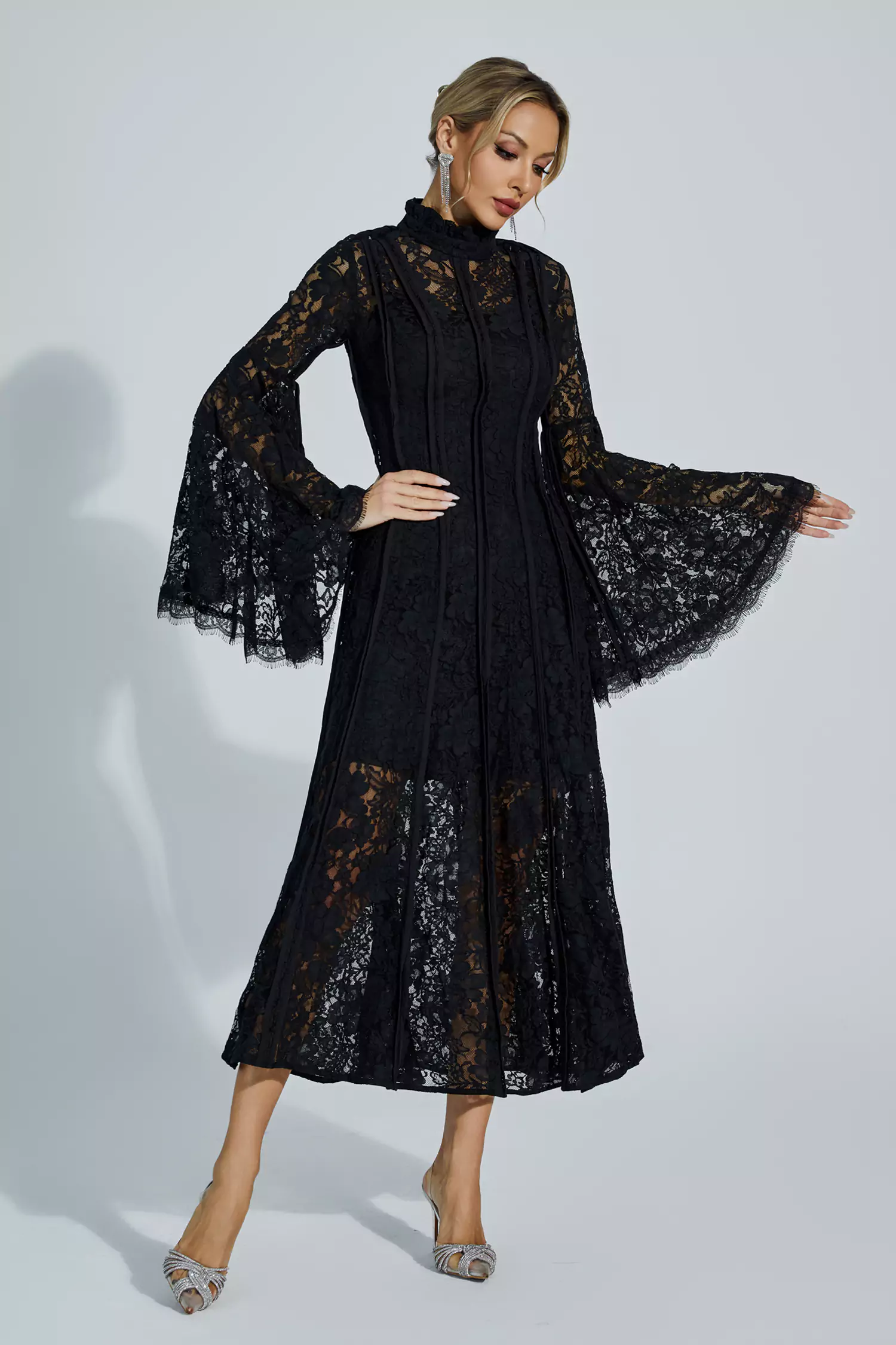 Jenkin Black Hollow Embroidery Midi Dress