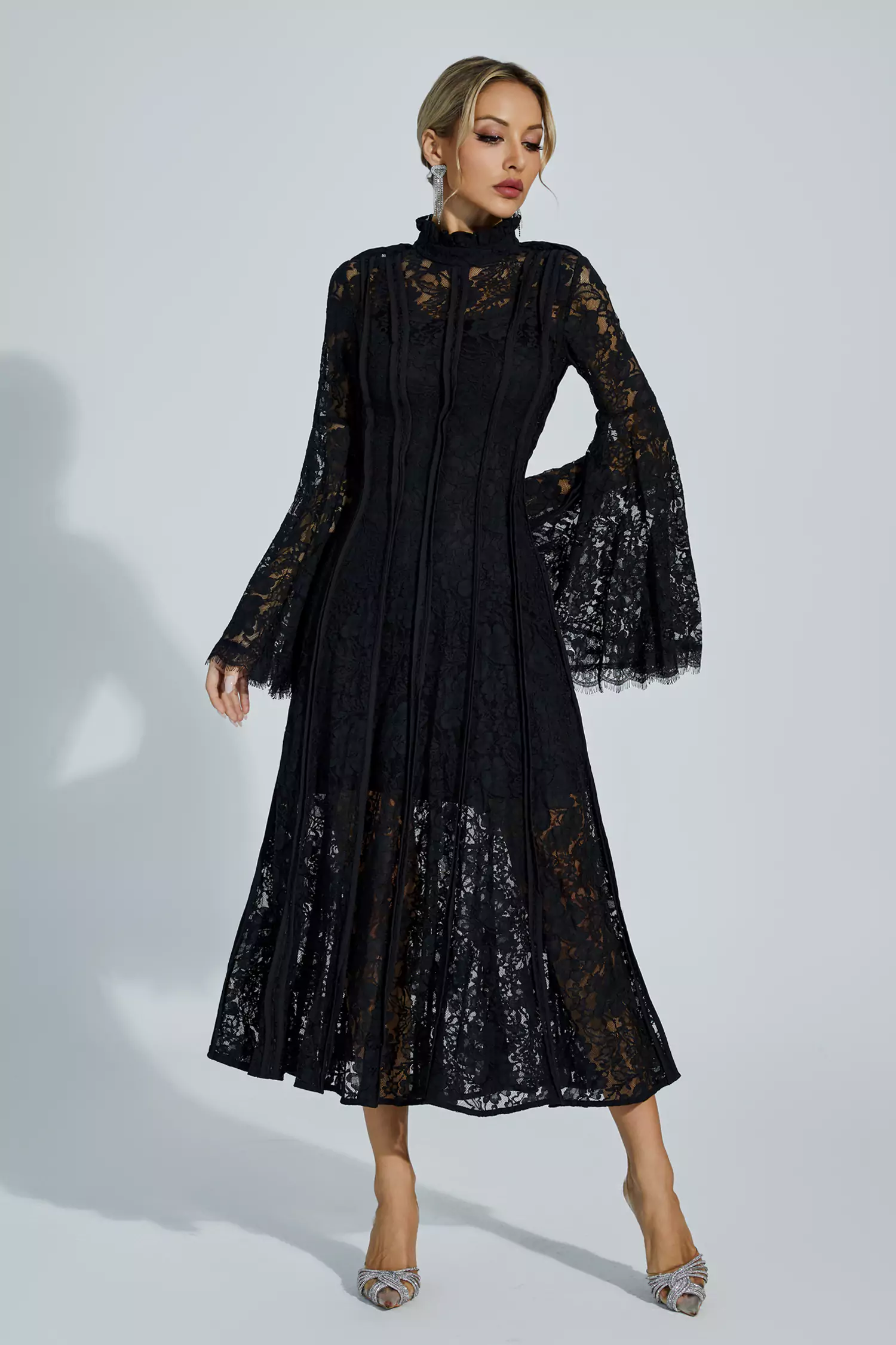 Jenkin Black Hollow Embroidery Midi Dress
