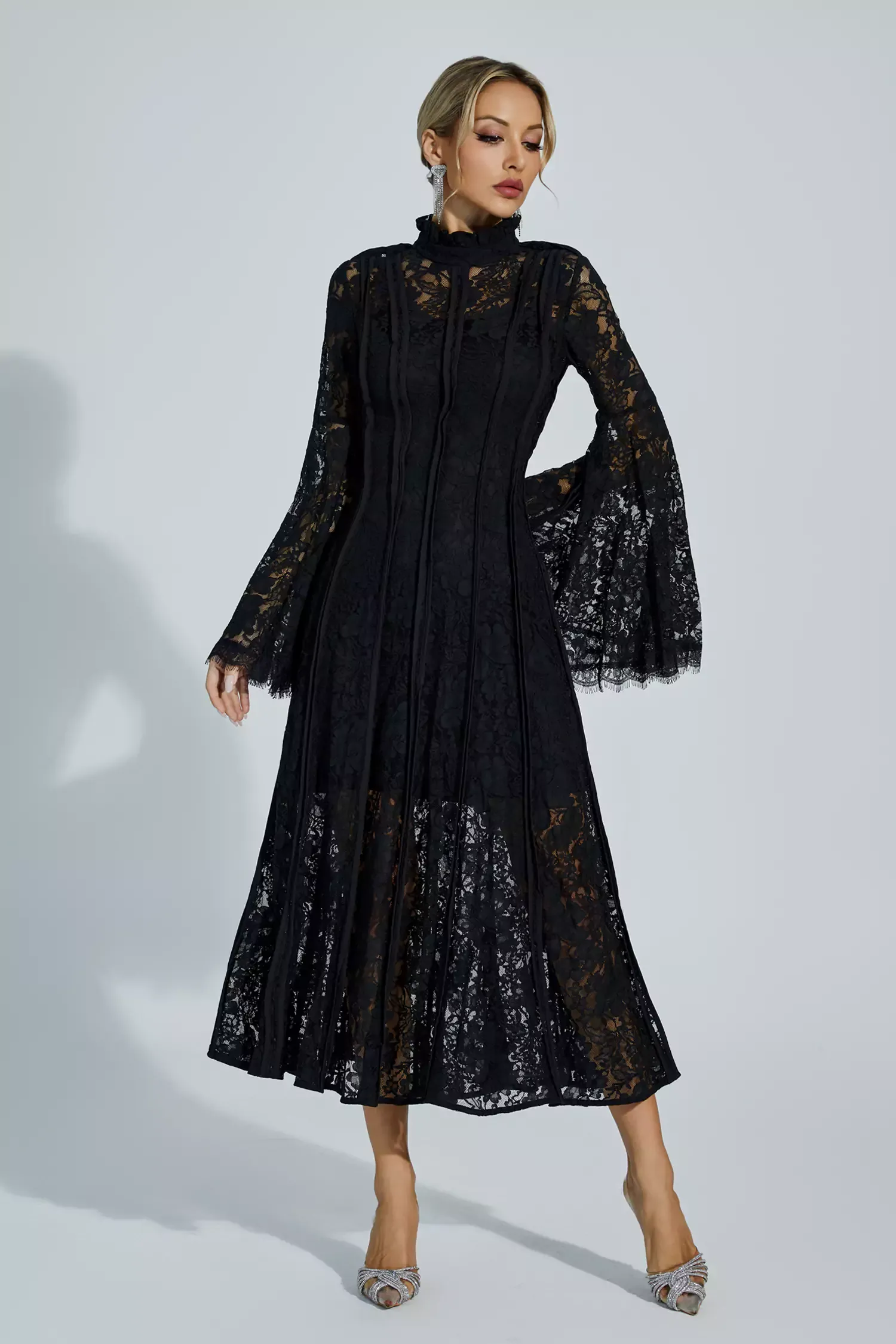 Jenkin Black Hollow Embroidery Midi Dress