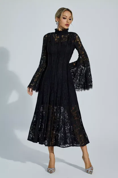 Jenkin Black Hollow Embroidery Midi Dress