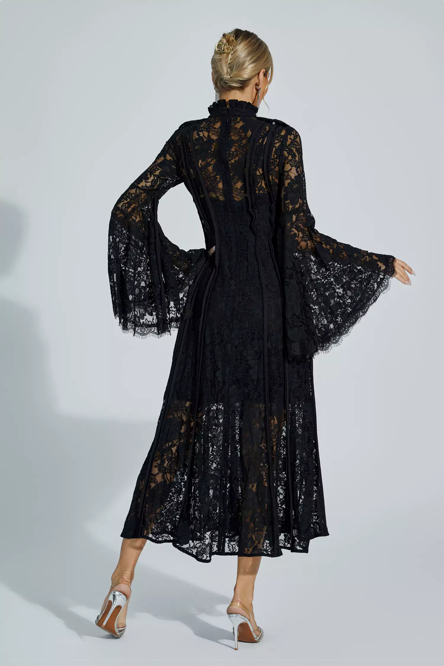 Jenkin Black Hollow Embroidery Midi Dress