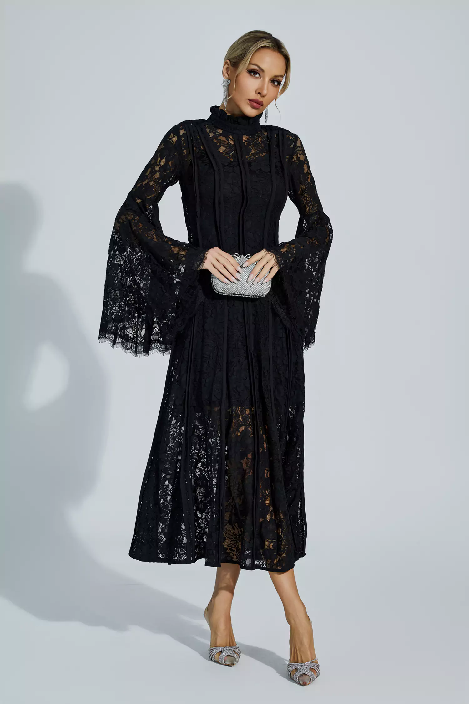 Jenkin Black Hollow Embroidery Midi Dress