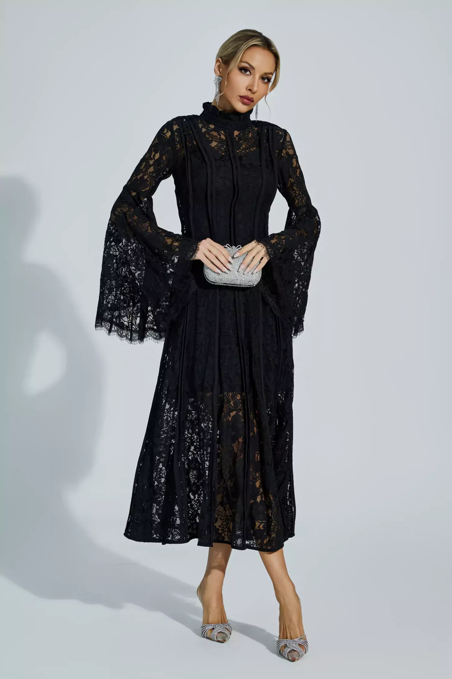 Jenkin Black Hollow Embroidery Midi Dress