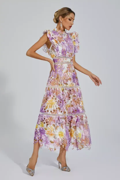 Pansy Purple  Hollow Sleeveless Midi Dress