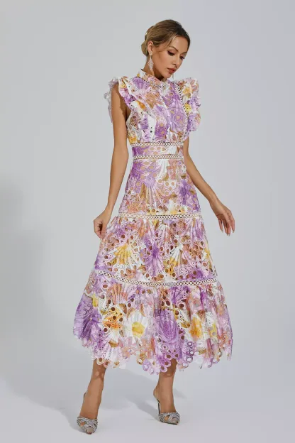Pansy Purple  Hollow Sleeveless Midi Dress