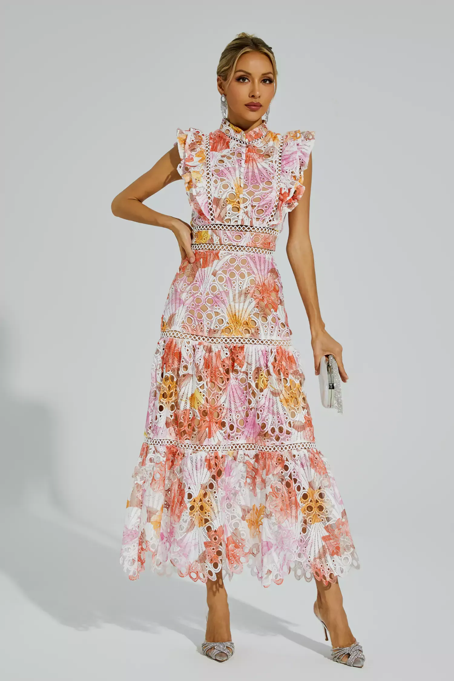 Pansy Orange Hollow Sleeveless Midi Dress