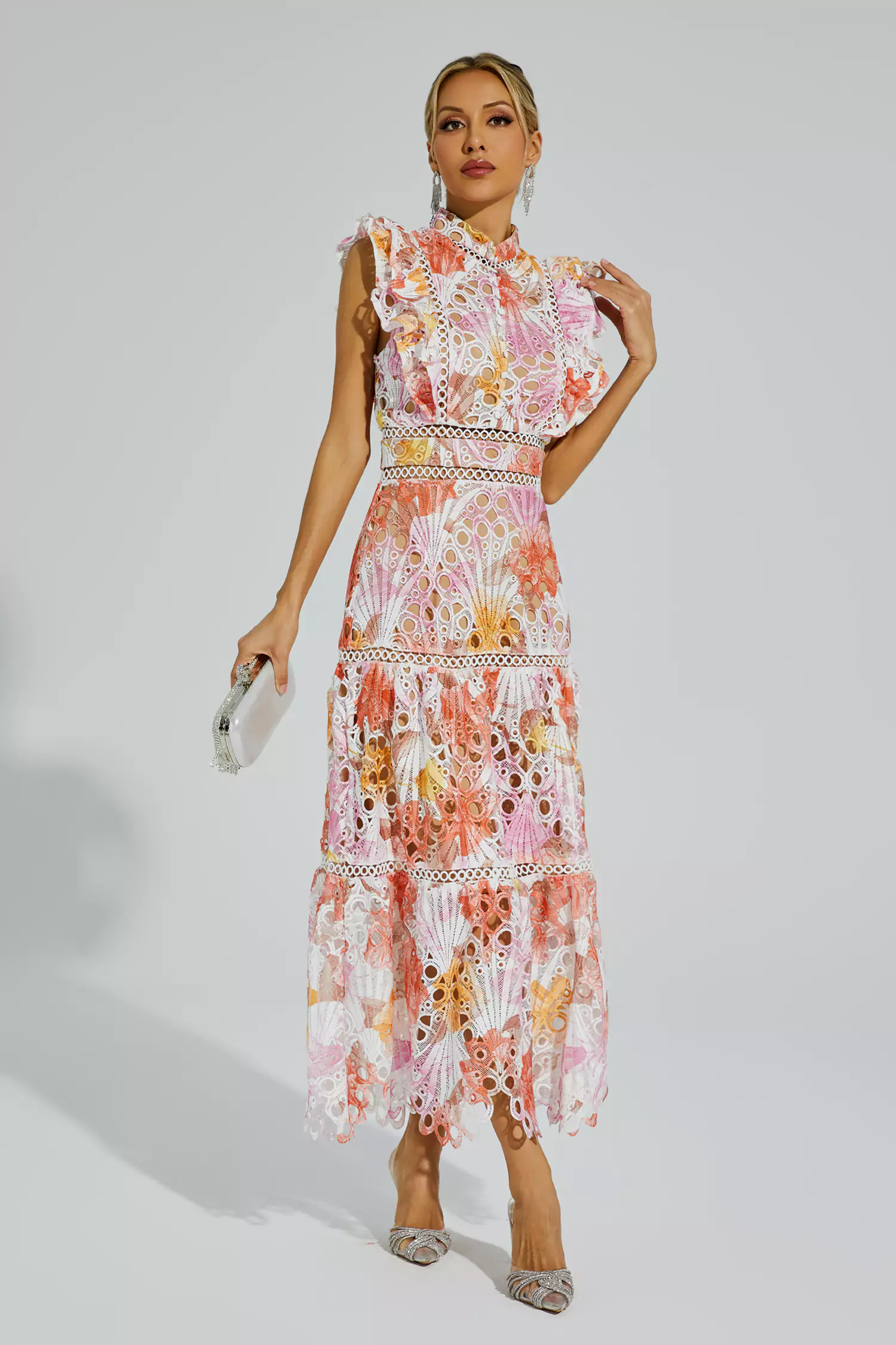 Pansy Orange Hollow Sleeveless Midi Dress