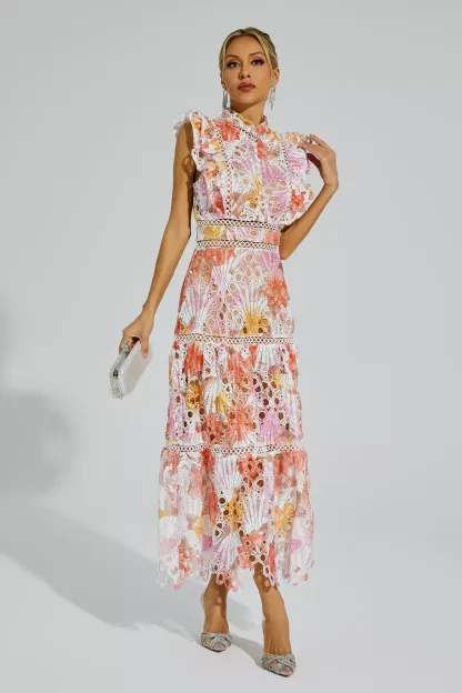 Pansy Orange Hollow Sleeveless Midi Dress