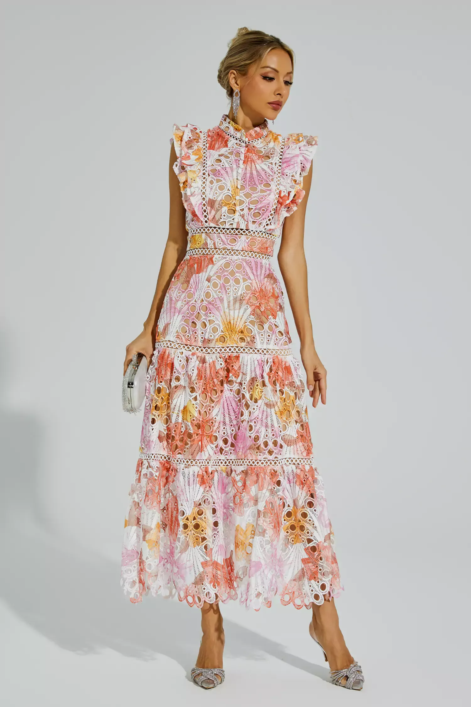 Pansy Orange Hollow Sleeveless Midi Dress