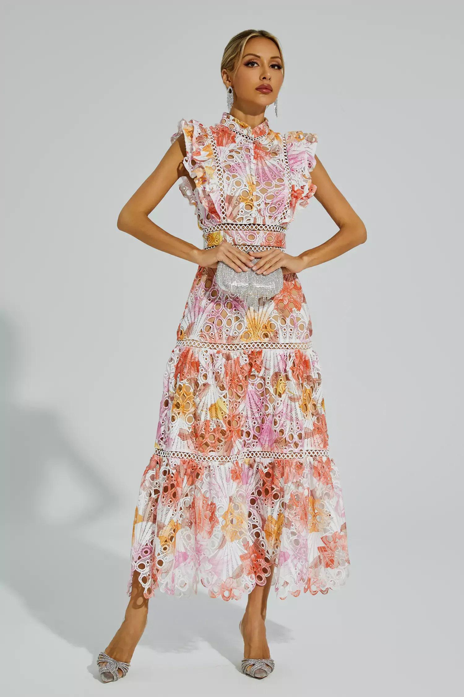 Pansy Orange Hollow Sleeveless Midi Dress